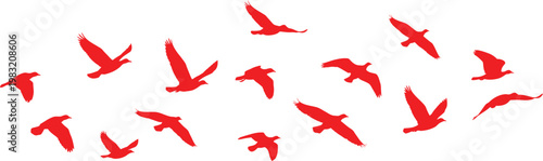A flock of black birds silhouetted in flight against a white background red coller