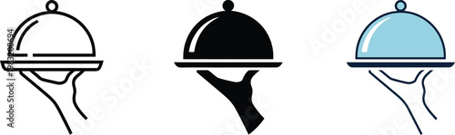 Three stylized of a hand holding a covered serving dish cloche tray