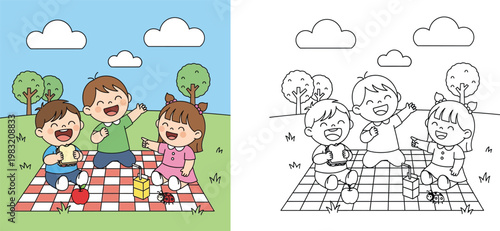 Happy Children Having a Picnic in the Park Illustration with Coloring Book Version, Kids Eating Sandwiches and Laughing on a Checkered Blanket Outdoors Vector Background