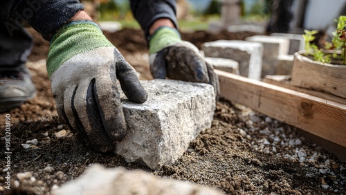 Close‑up of a gardener’s hands placing limestone blocks on a gravel base to build a dry‑stack wall