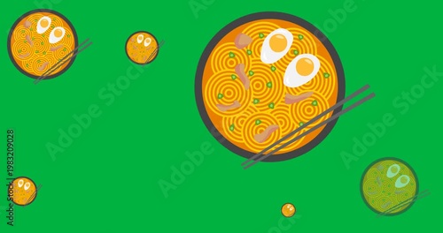 Digitally generated image of multiple chinese ramen bowl icons against black background