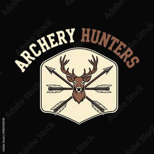Archery hunters logo with deer head and arrows on a black background tshirt design