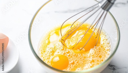 Close up of whisk mixing eggs in a glass bowl for culinary preparation