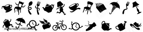 A collection of whimsical black silhouette icons featuring anthropomorphic objects like chairs teapots books umbrellas and clocks each with whimsical limbs and expressions