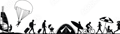 Black Silhouette Vector Illustration of Various People Enjoying Summer Vacation Activities Including Camping Traveling Surfing Biking and Outdoor Sports Banner