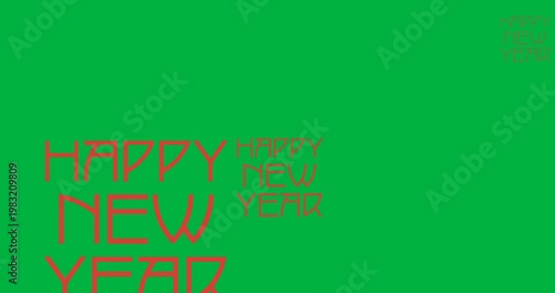 Digital animation of multiple red happy new year text banners against black background