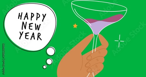 Happy new year text banner and hand holding a champagne glass icon against black background
