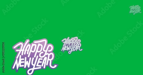 Digital animation of multiple purple happy new year text banners against black background