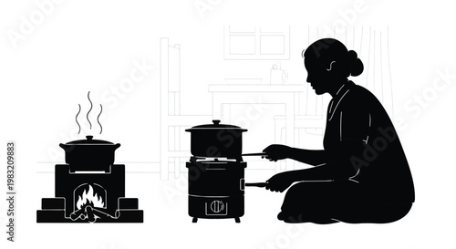 African woman cooking on traditional clay stove and modern gas cylinder stove in silhouette illustration for energy efficiency and cooking methods concept