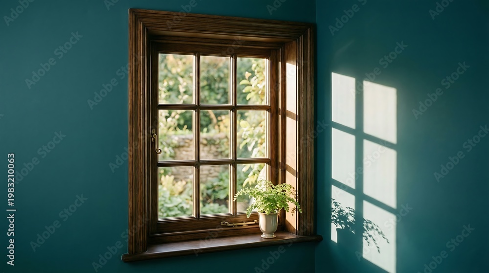 Fototapeta premium Vintage wooden window, dark teal wall interior, sunlight shadow effect