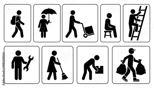 Collection of eight distinct pictogram style icons depicting various human activities including walking with a backpack holding an umbrella pushing a cart sitting climbing a ladder holding a