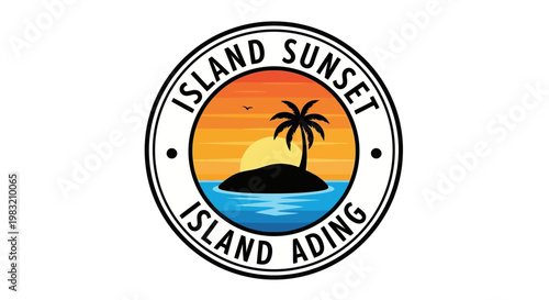 A vibrant and picturesque logo design, embodying the essence of an island sunset and serene sailing adventure, presented within a circular stylized badge, perfect for travel or tourism promo