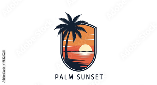 Minimalist vector logo of a palm tree silhouette against a vibrant sunset scene within a shield-shaped emblem, evoking tropical vacation vibes and representing travel destinations.