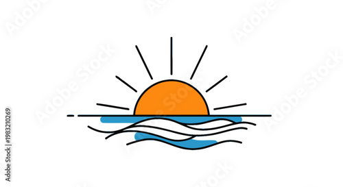 Minimalist graphic depiction of a warm sunrise over the ocean. Flat design style using bright orange sun with radiating lines, and simple blue waves, perfect for travel, vacation or summer c