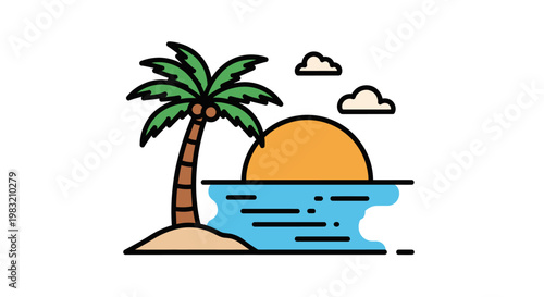 Minimalistic vector artwork depicting a tropical sunset over ocean waters with a palm tree on a small sandy island, with stylized clouds, conveying a vacation concept.