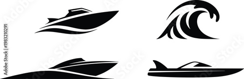 Speed boat and ocean wave silhouette icons set isolated on clean minimal background marine transport vector illustration collection