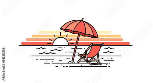 Minimalist vector stylized sunset scene on a beach with umbrella, recliner, and the sun setting over the ocean, flat style design element, vacation concept
