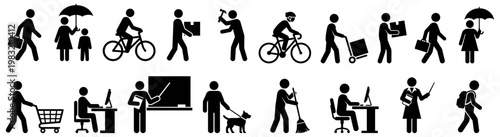 A collection of diverse pictogram figures showcasing various daily activities and professions including walking cycling teaching and carrying items people icons activity life