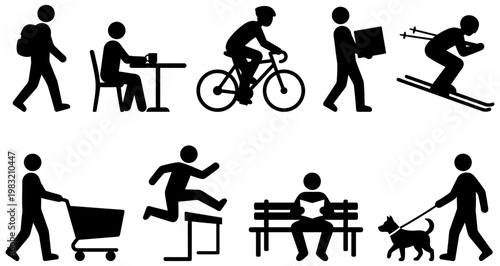Collection of simple black pictogram figures engaged in various daily activities and sports presented in a grid layout on a plain background activity silhouette people lifestyle