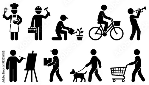 Diverse stick figures depict various human activities including cooking construction gardening cycling playing music painting delivering packages walking a dog and shopping