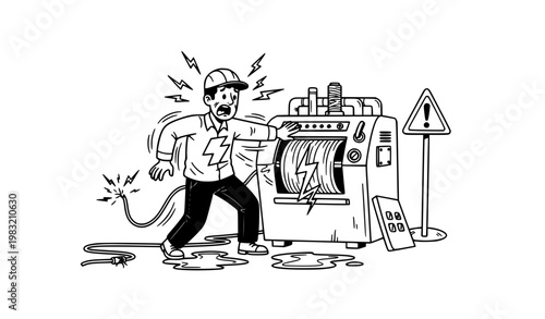 Cartoon textile worker electric shock accident black and white with faulty machine and workplace hazard concept vector
