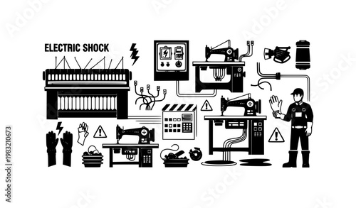 Textile factory electric shock safety infographic black and white industrial hazard and worker protection vector illustration