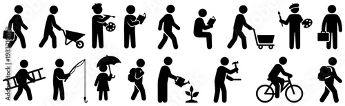 Set of silhouette icons depicting various human activities including walking with a briefcase pushing a wheelbarrow reading painting gardening and cycling fishing umbrella