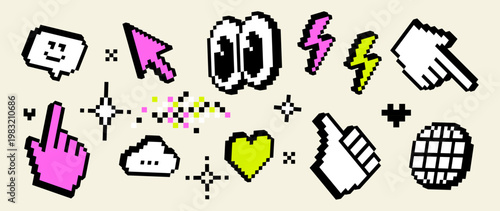 Trendy pixel icon set with cursor, hand, like, heart, globe, chat and lightning symbols. Retro 8-bit style UI elements for social media, apps, digital communication and modern interface design