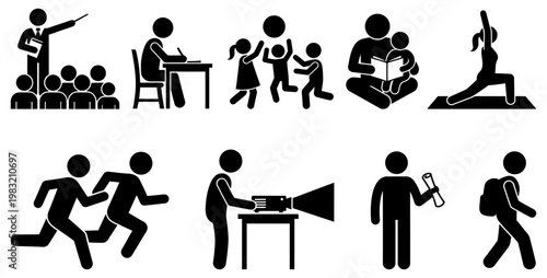 A collection of simple black stick figures illustrating various activities including teaching learning playing reading yoga running presenting graduating and walking to school