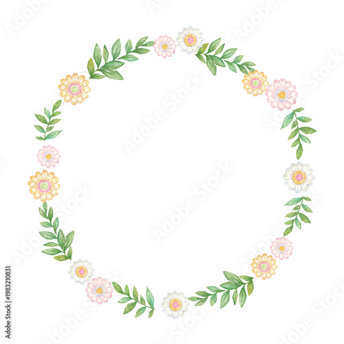 カラフルな花と葉っぱのリース　手描き