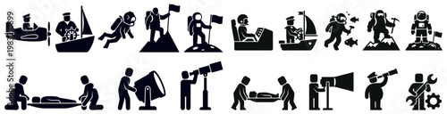 Diverse group of stick figures engaged in various professions and activities including flying sailing diving mountaineering space exploration and medical assistance icons