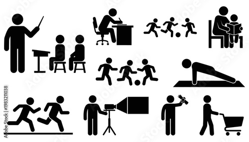 Diverse stick figure scenes depict learning sports fitness work reading filmmaking achievement and shopping illustrating various life activities and professions stick figures