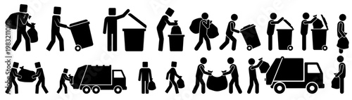 Collection of black pictogram icons depicting people handling garbage bags using trash cans and interacting with a garbage truck for waste management Collection of black pictogram icons