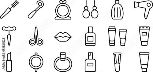 Beauty salon line icons set, makeup cosmetics tools collection, hair styling accessories symbols, skincare products outline, minimalist vector illustration