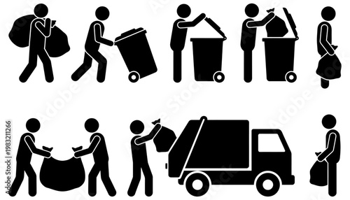 Stick figure people collecting and disposing of garbage using trash cans and a garbage truck garbage collection trash removal recycling sanitation waste management disposal