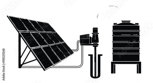 Solar panel system with water pump and tank for irrigation or water supply in eco-friendly renewable energy concept