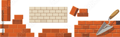 Brick wall construction process illustration, masonry tools and materials, building structure concept, step by step bricklaying vector isolated on white