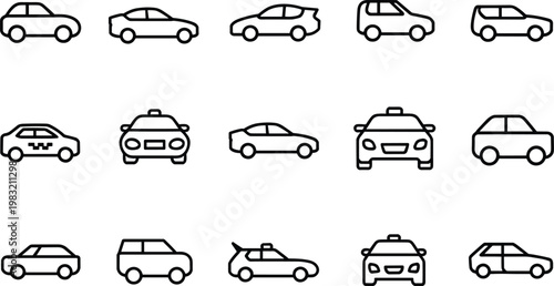 car outline icons set, vehicle transportation collection, minimal auto symbols, taxi sedan suv styles, vector automobile illustration isolated on white