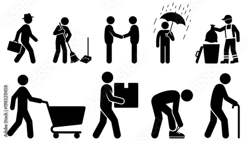 A collection of simple black stick figures illustrating various daily activities and occupations such as walking with a briefcase sweeping shaking hands holding an umbrella taking out trash