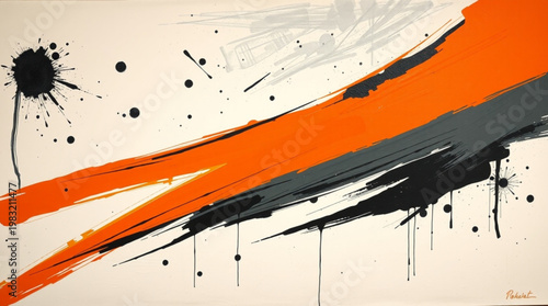 Abstract artwork with bold brushstrokes in black, gray, and vibrant orange,