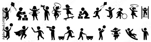Collection of black silhouette icons depicting children engaged in various playful activities and hobbies kids playing silhouettes joy fun childhood leisure outdoor indoor