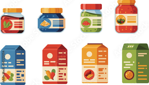 Food packaging collection illustration, jars and cartons set, grocery products containers design, organic and processed food labels vector isolated