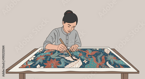 Artist meticulously painting intricate details on a large canvas.