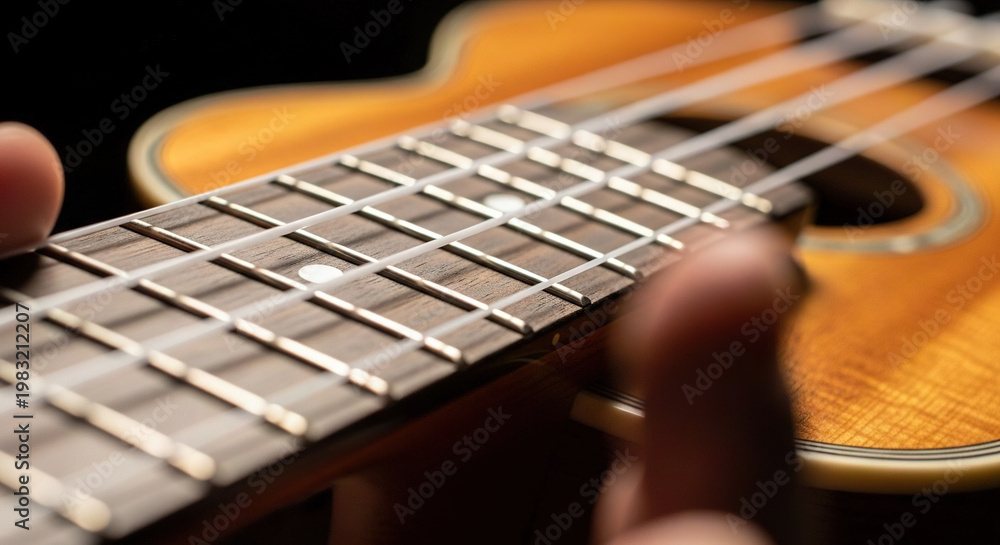 Fototapeta premium Close-Up of a Wooden Guitar Neck with Metal Strings