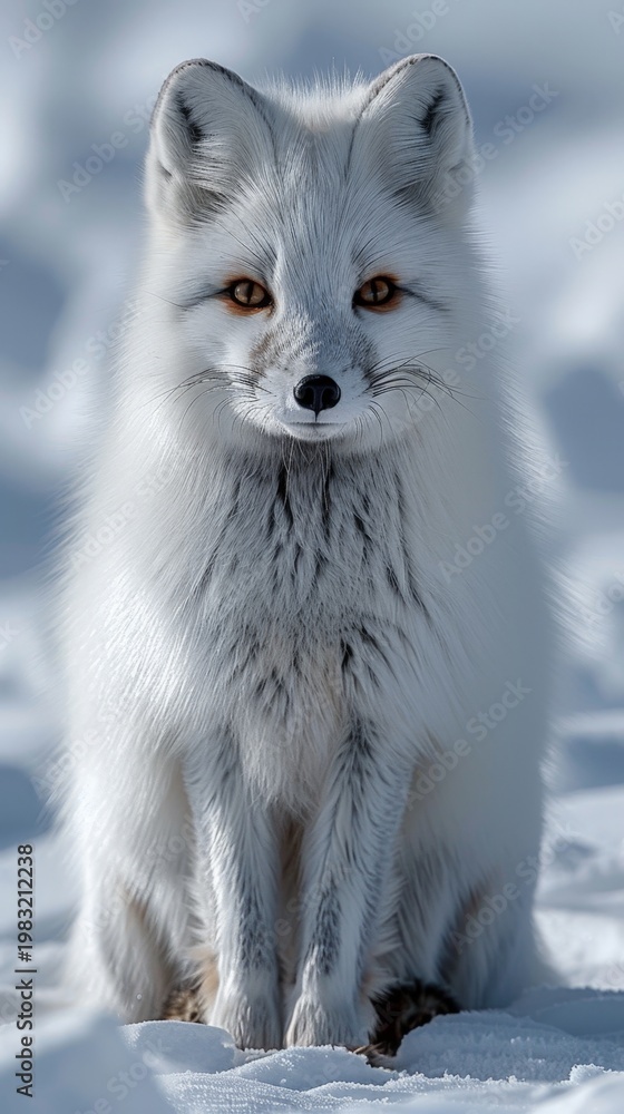 Fototapeta premium Arctic fox sits calmly in deep snow. Fur is thick and pure white, eyes amber. Snow covers ground around it. Looks directly at camera with alert gaze. Suitable for winter, wildlife, or nature themes