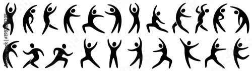 Collection of stylized black human figures in dynamic poses depicting various forms of movement and exercise fitness yoga dance action silhouette active healthy lifestyle