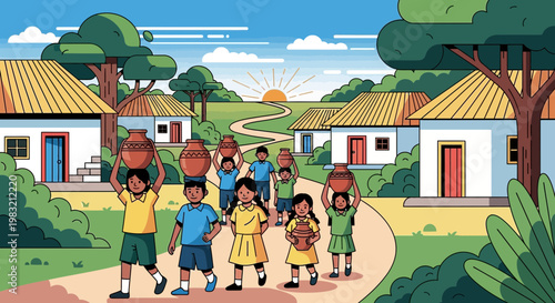 Children Carrying Water Pots in a Village.