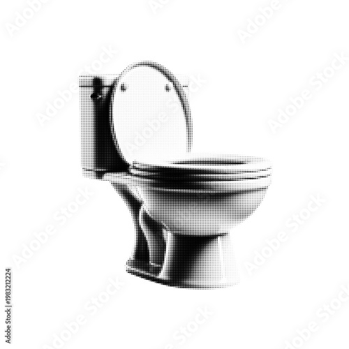 Toilet bowl in halftone style, monochrome dotted illustration isolated on white background, bathroom sanitary equipment concept.