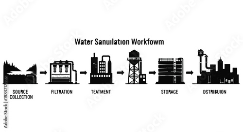 Water sanitation process infographic with source collection, filtration, treatment, storage, and distribution steps in industrial black and white illustration