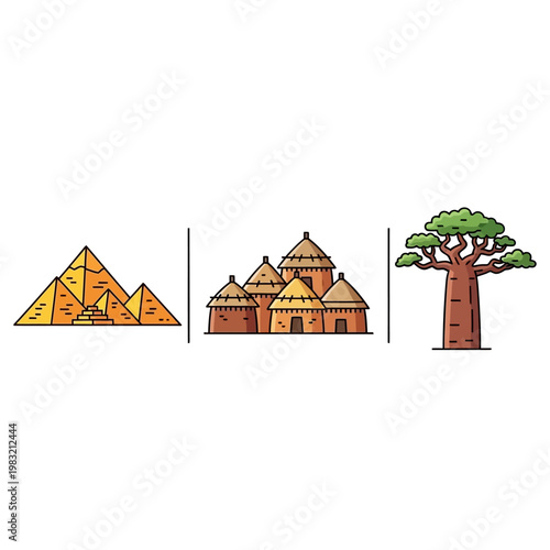 African Icons: Pyramids, Village Huts, and Baobab Tree